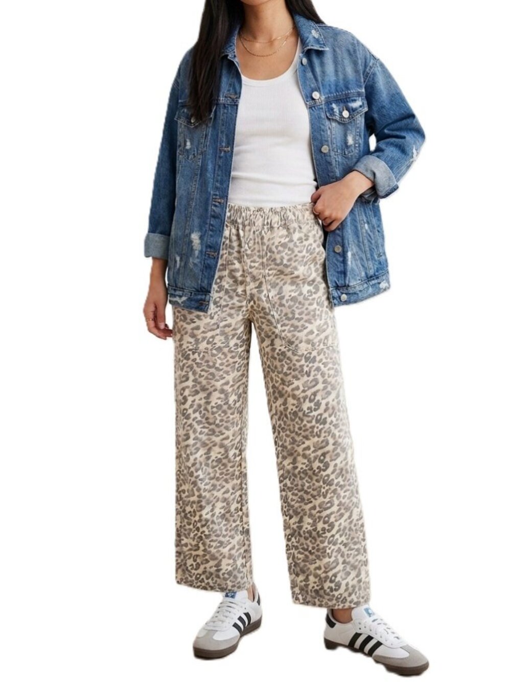 AERIE Leopard Print Wide Leg Pants XS Neutral Relaxed Fit Utility Carpenter NWT